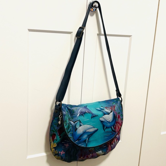 [Anuschka] Hand-Painted Leather Medium Flap Messenger Bag Purse, "Dolphin World" - Picture 3 of 16